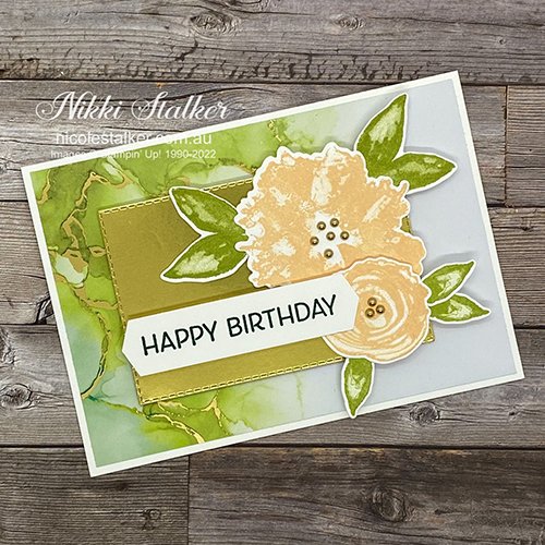 Happy Birthday card using Expressions of Ink DSP and stamped flowers in Pale Papaya.