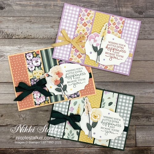 3 cards using Pansy Petals DSP in strips with sentiment and pansy image