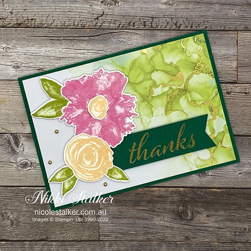 Thanks You card using Expressions of Ink dsp in greens and stamped flowers